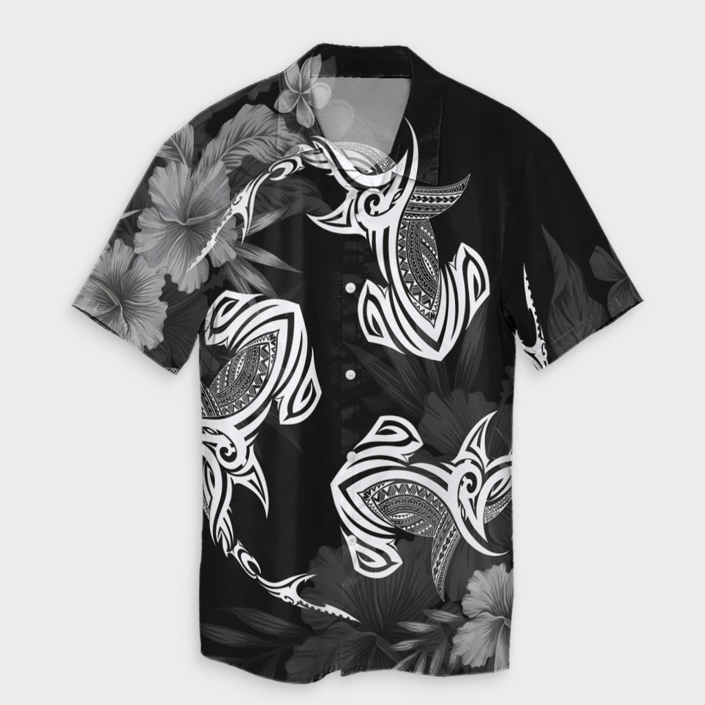 Hawaiian Hammerhead Shark Hibiscus White Polynesian Hawaiian Shirt - AH Unisex Black - Polynesian Pride