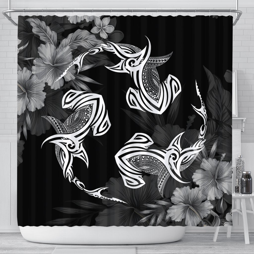 Hawaiian Hammerhead Shark Hibiscus White Polynesian Shower Curtain - AH 177 x 172 (cm) Black - Polynesian Pride