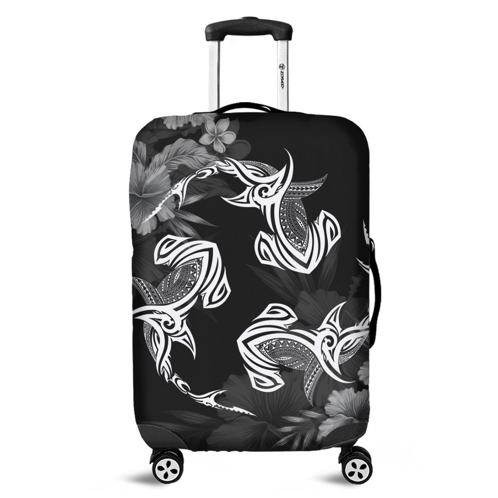 Hawaiian Hammerhead Shark Hibiscus White Polynesian Luggage Covers - AH Black - Polynesian Pride