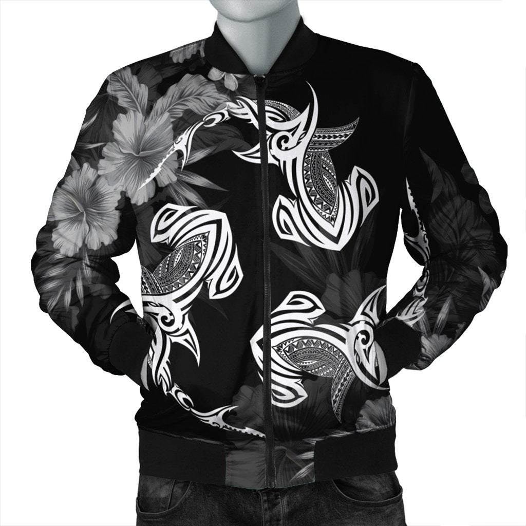 Hawaiian Hammerhead Shark Hibiscus White Polynesian Bomber Jacket - AH Black Unisex - Polynesian Pride