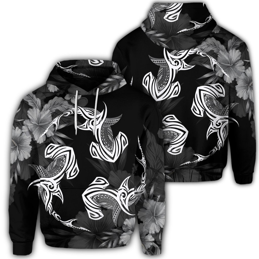 Hawaiian Hammerhead Shark Hibiscus White Polynesian Hoodie Unisex Art - Polynesian Pride