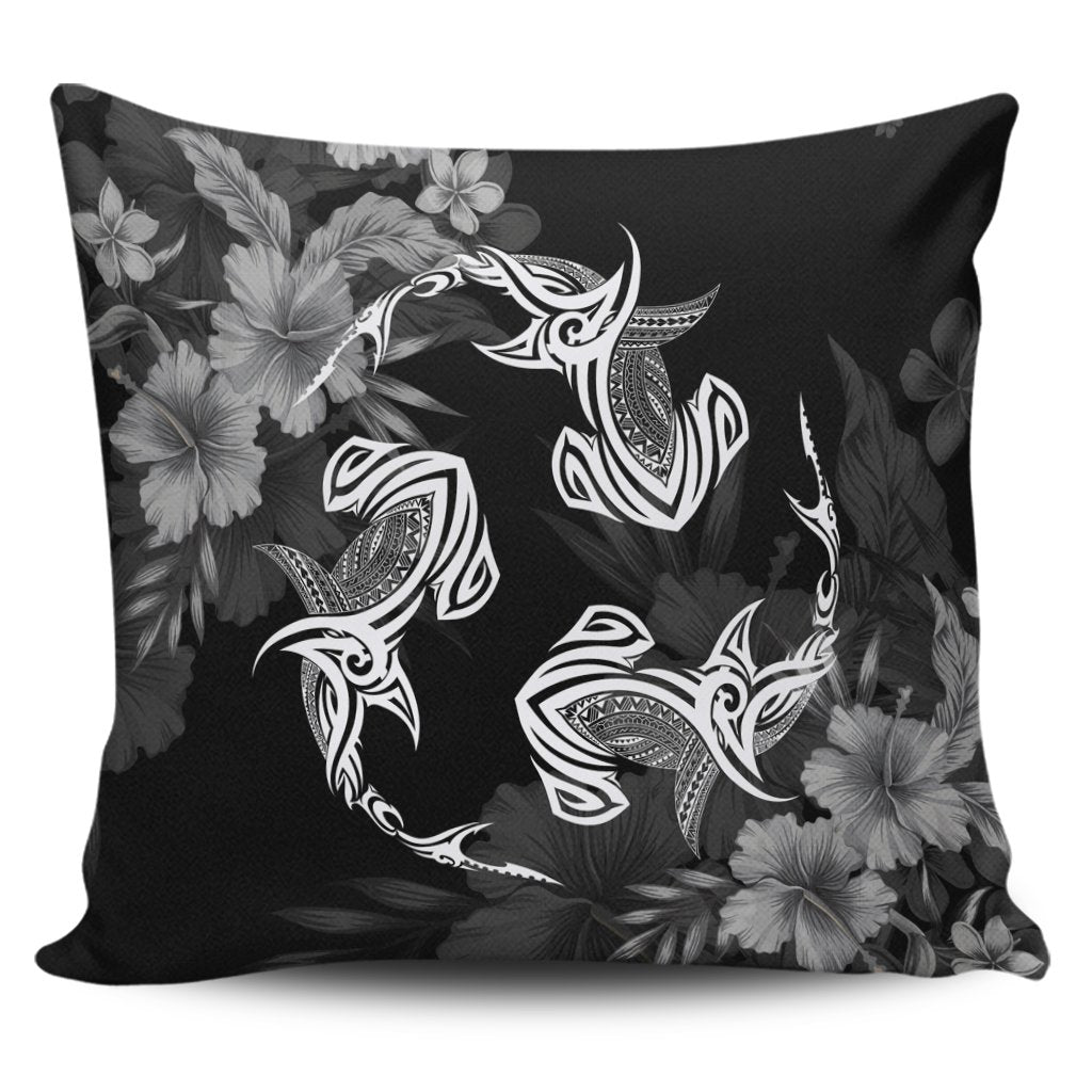 Hawaiian Hammerhead Shark Hibiscus White Polynesian Pillow Covers - AH Pillow Covers Black - Polynesian Pride