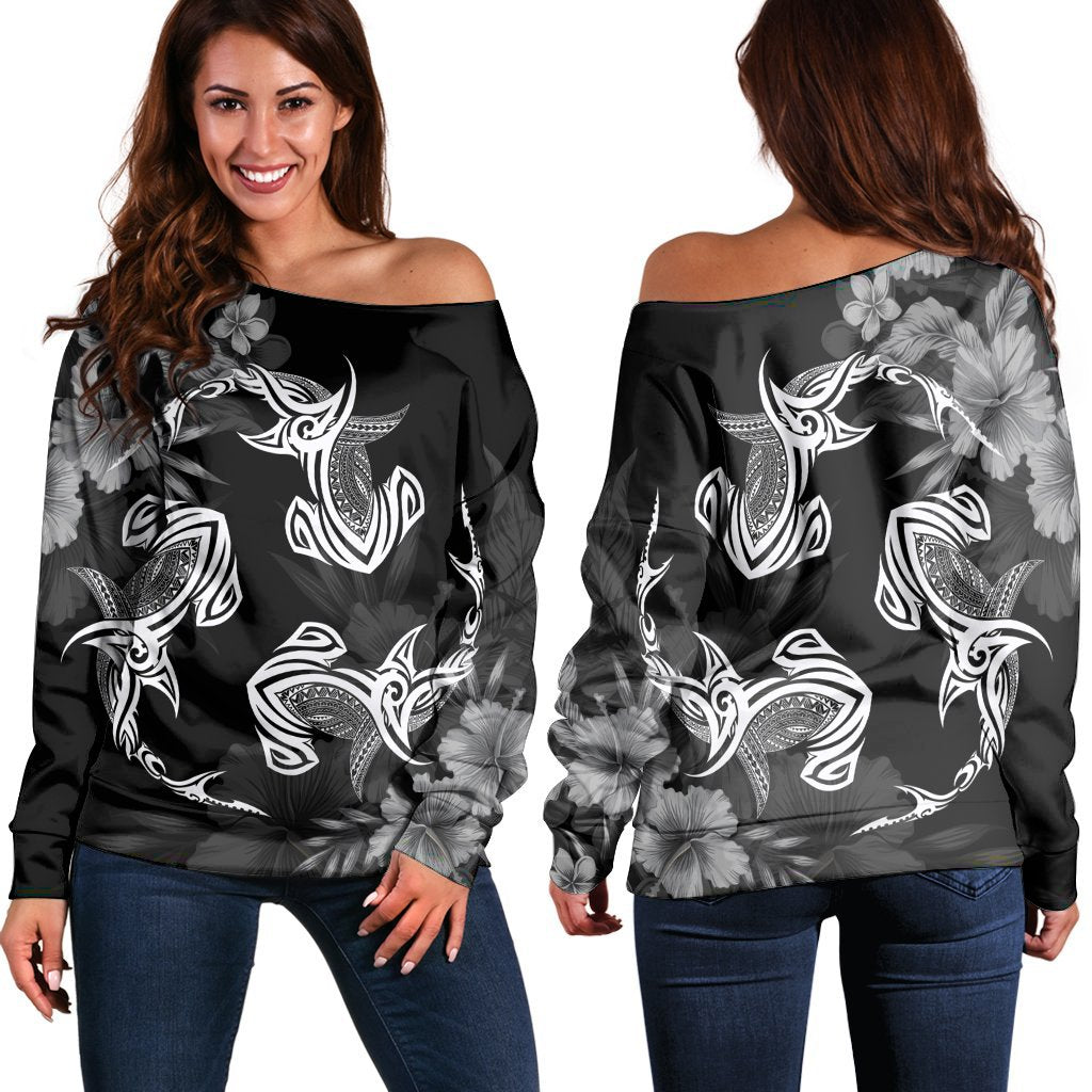 Hawaiian Hammerhead Shark Hibiscus White Polynesian Women's Off Shoulder Sweater - AH Black - Polynesian Pride