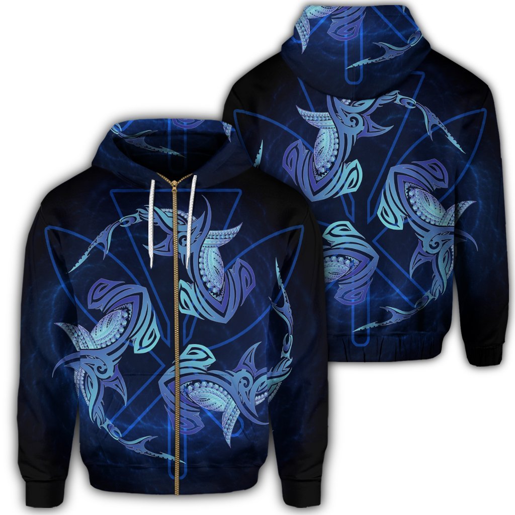 Hawaiian Hammerhead Shark Kanaka Galaxy Polynesian Zip Hoodie Unisex Art - Polynesian Pride