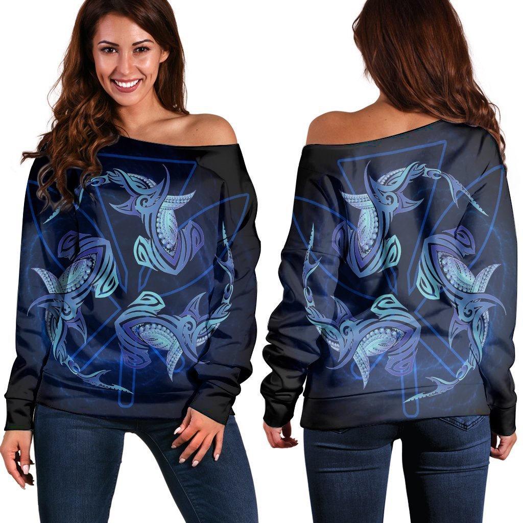 Hawaiian Hammerhead Shark Kanaka Galaxy Polynesian Women's Off Shoulder Sweater - AH Black - Polynesian Pride