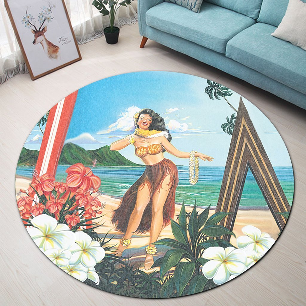 Hawaiian Hibiscus Aloha Hula Girl Dance On The Beach Round Carpet - AH - Polynesian Pride