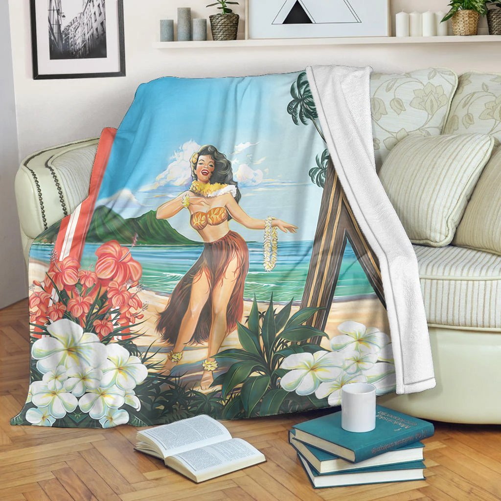 Hawaiian Hibiscus Aloha Hula Girl Dance On The Beach Premium Blankets - AH White - Polynesian Pride