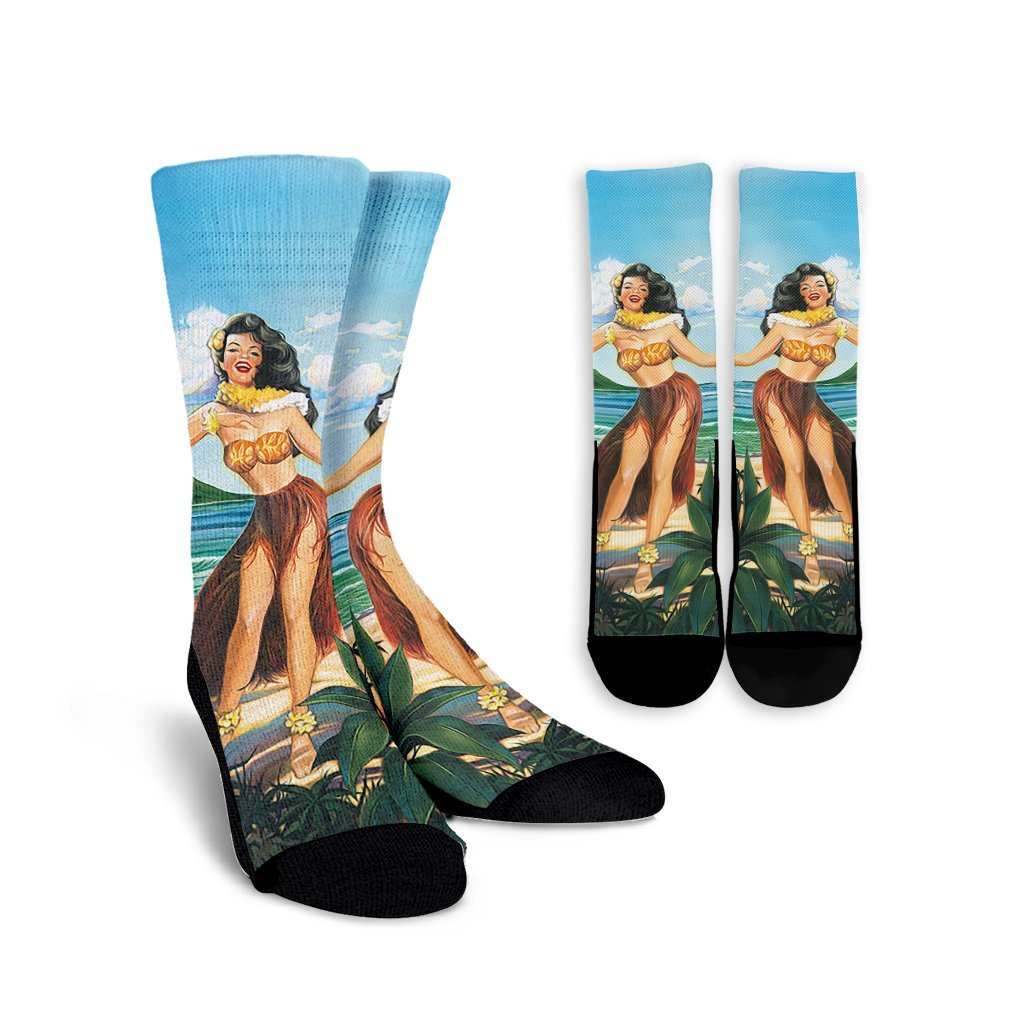 Hawaiian Hibiscus Aloha Hula Girl Dance On The Beach Crew Socks - AH Crew Socks White - Polynesian Pride