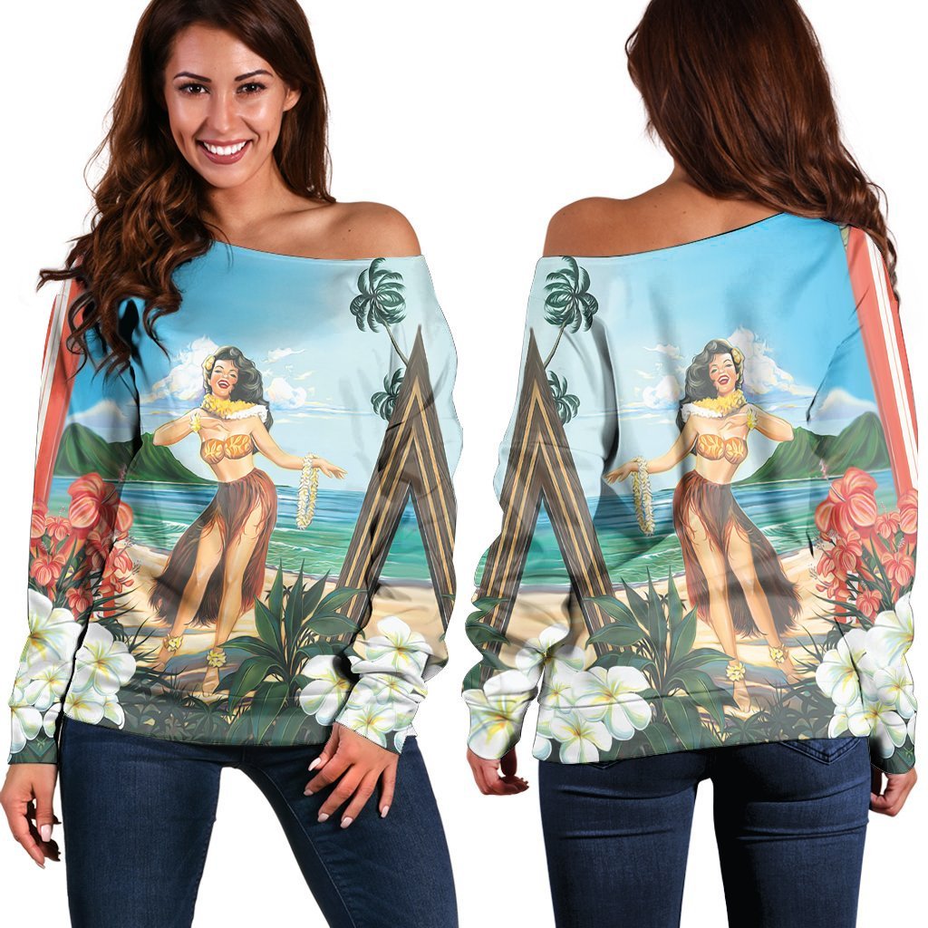 Hawaiian Hibiscus Aloha Hula Girl Dance On The Beach Women's Off Shoulder Sweater - AH Black - Polynesian Pride