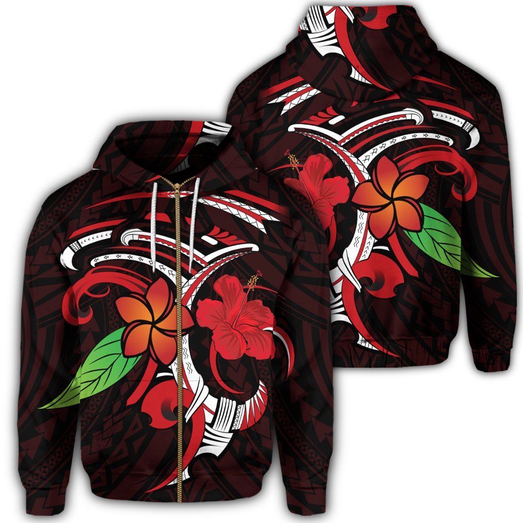 Hawaiian Hibiscus and Plumeria Flower Polynesian Zip Hoodie Unisex Art - Polynesian Pride
