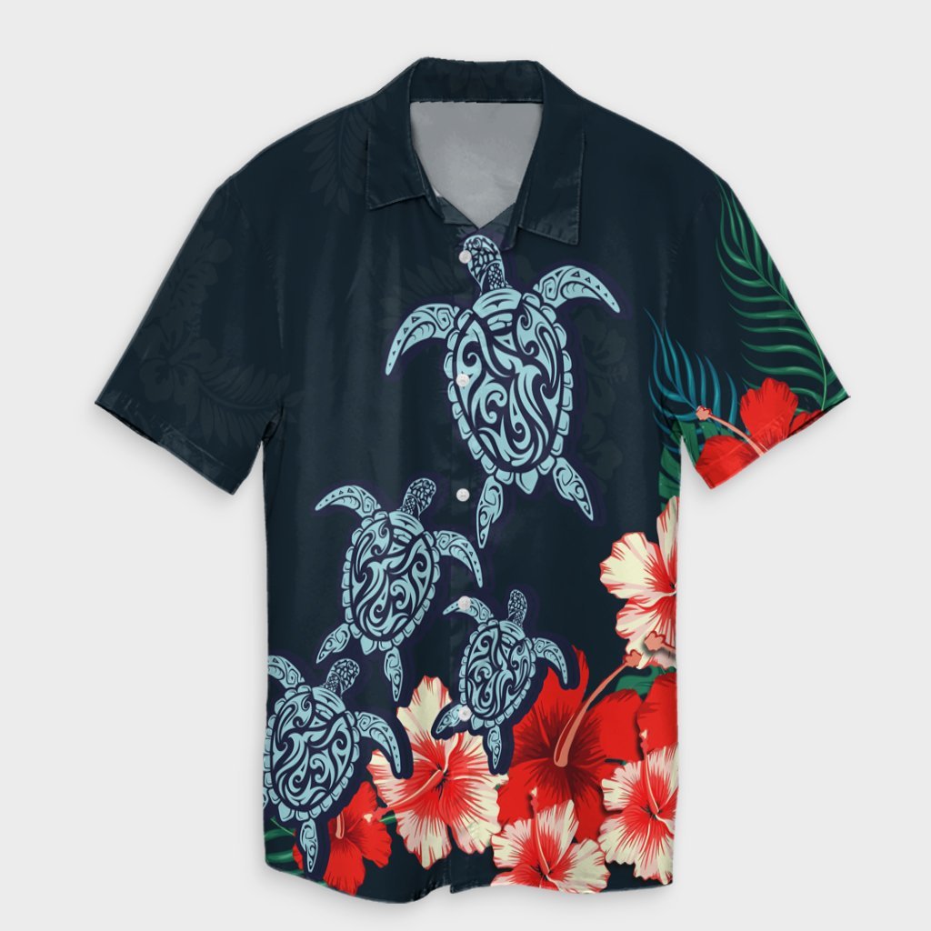 Hawaiian Hibiscus And Turtle Polynesian Hawaiian Shirt - AH Unisex Black - Polynesian Pride