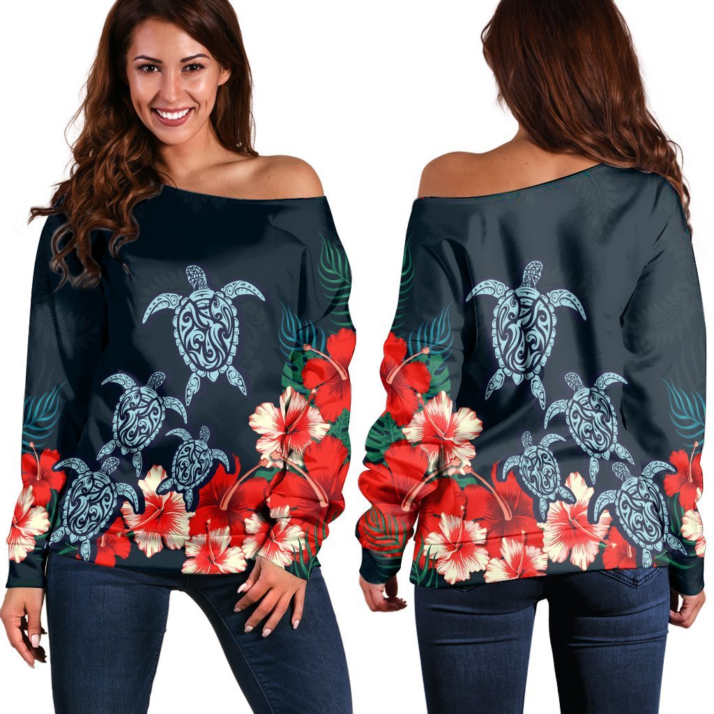 Hawaiian Hibiscus And Turtle Polynesian Women's Off Shoulder Sweater - AH Black - Polynesian Pride