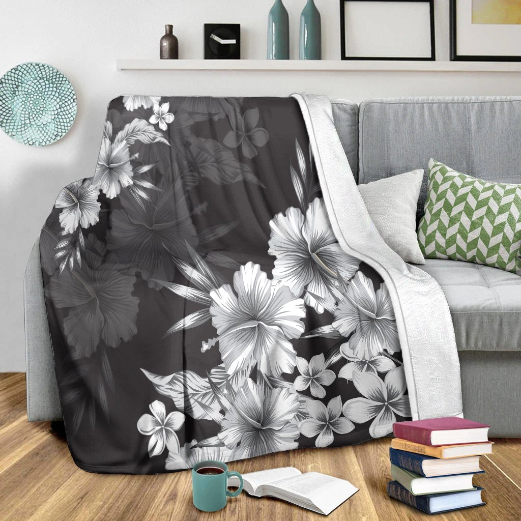Hawaiian Hibiscus Black And White Polynesian Premium Blankets - AH - Polynesian Pride