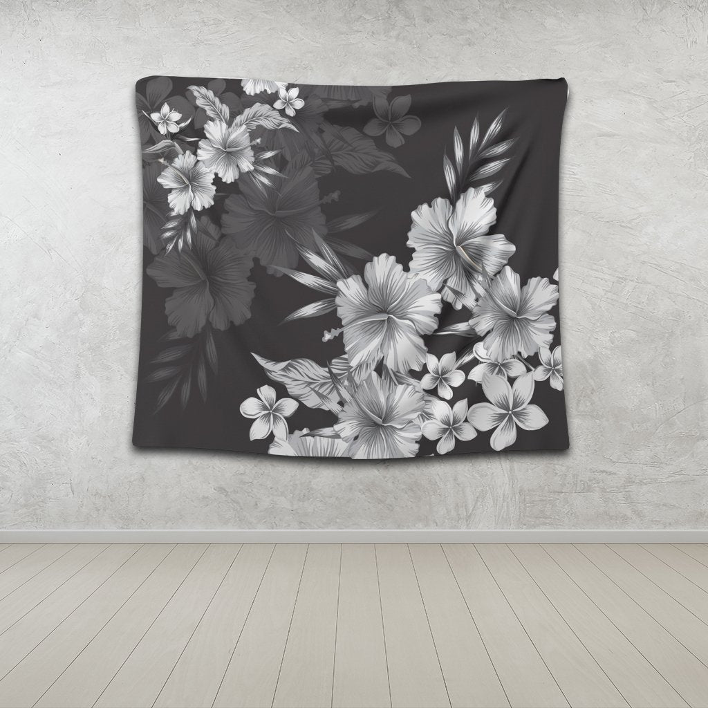 Hawaiian Hibiscus Black And White Polynesian Tapestry - AH - Polynesian Pride
