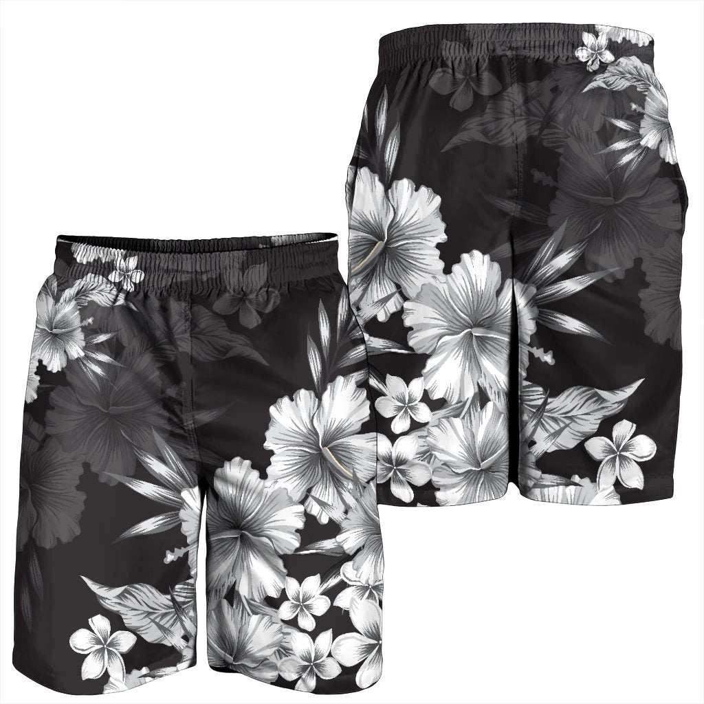 Hawaiian Hibiscus Black And White Polynesian Men's Shorts - AH - Polynesian Pride