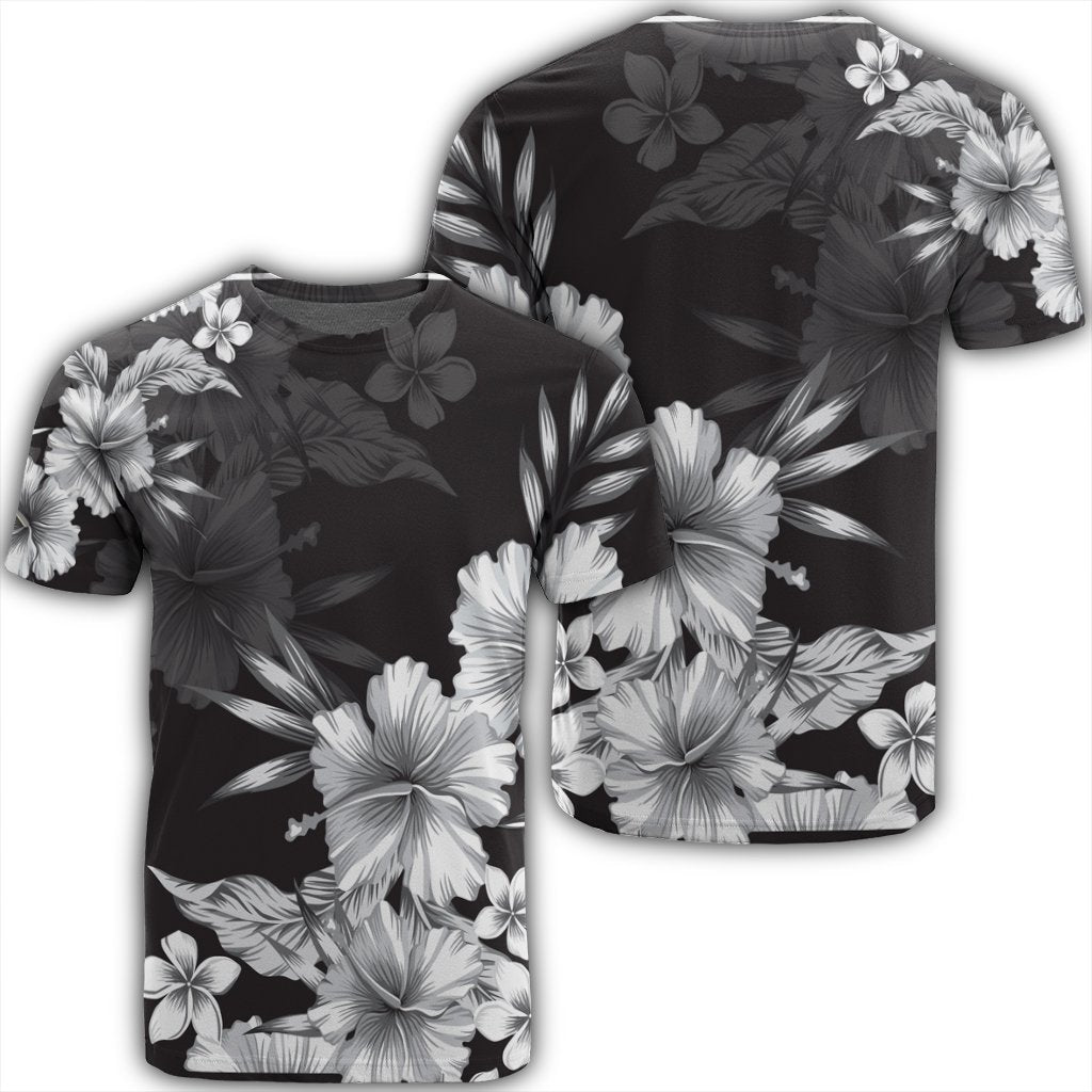 Hawaiian Hibiscus Black and White Polynesian T Shirt Unisex Black - Polynesian Pride