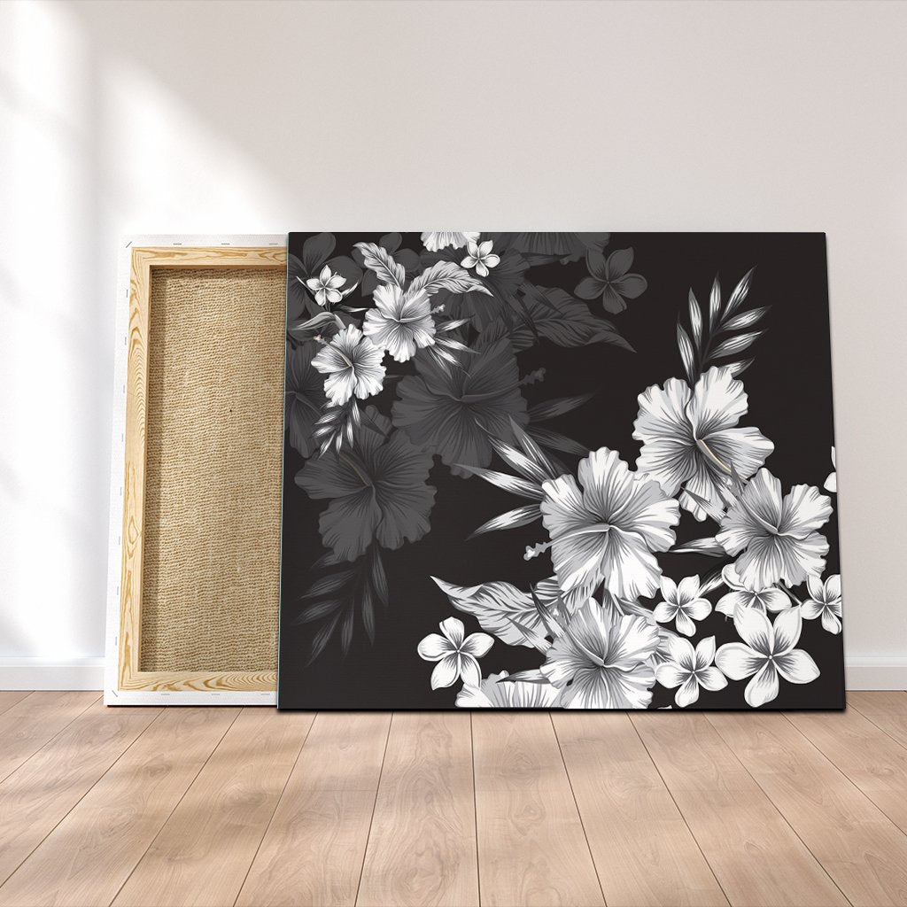 Hawaiian Hibiscus Black And White Polynesian Canvas - AH Canvas Poly-cotton - Polynesian Pride