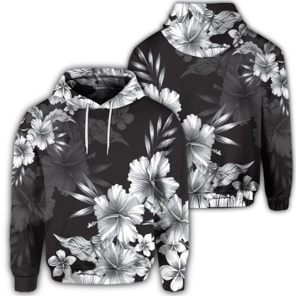 Hawaiian Hibiscus Black and White Polynesian Hoodie Unisex Art - Polynesian Pride