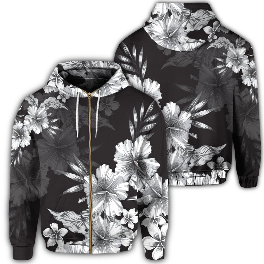 Hawaiian Hibiscus Black and White Polynesian Zip Hoodie Unisex Art - Polynesian Pride