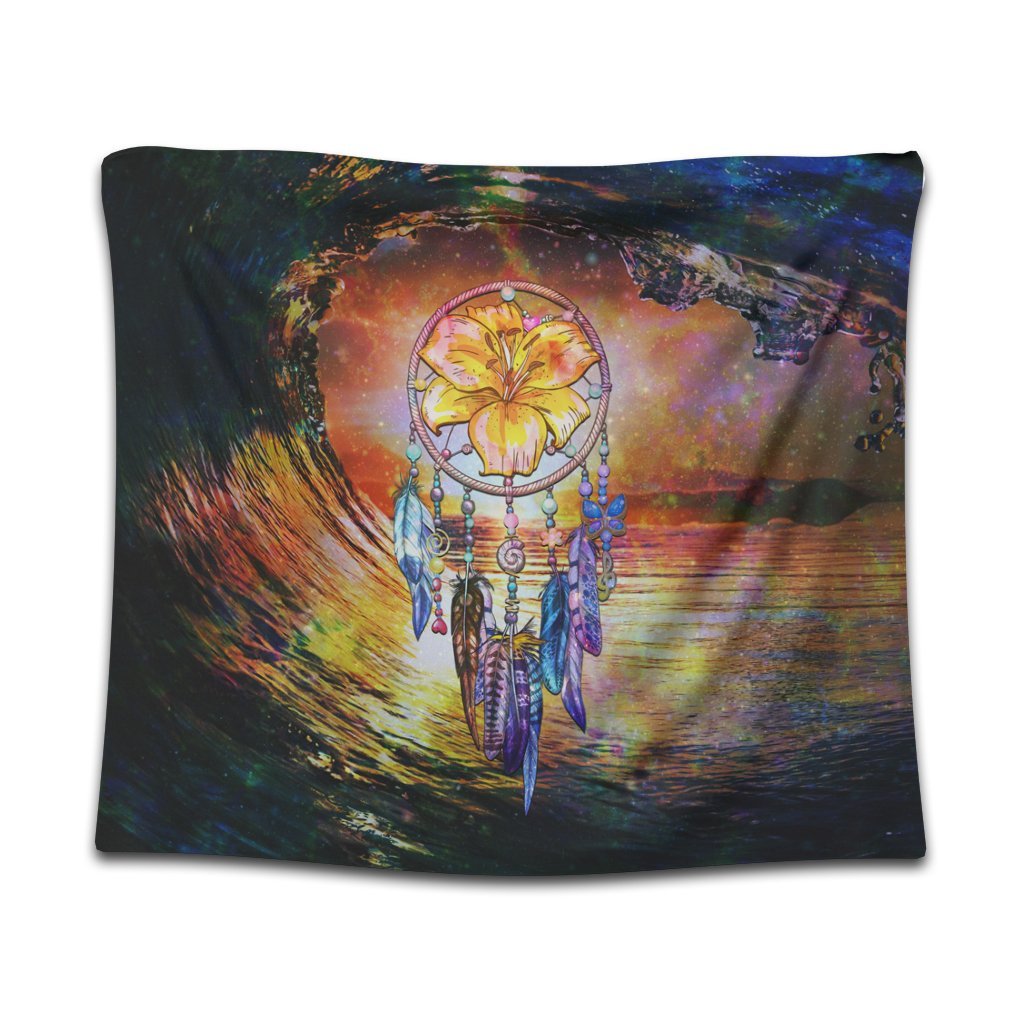Hawaiian Hibiscus Dreamcatcher Wales Night Tapestry - AH Wall Tapestry Black - Polynesian Pride