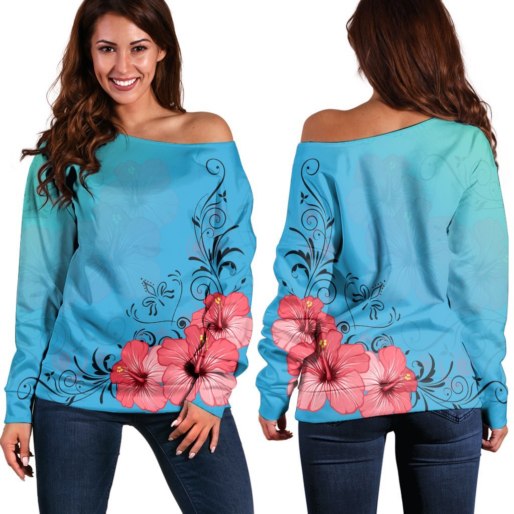 Hawaiian Hibiscus Flower Red Women's Off Shoulder Sweater - AH - AH Black - Polynesian Pride