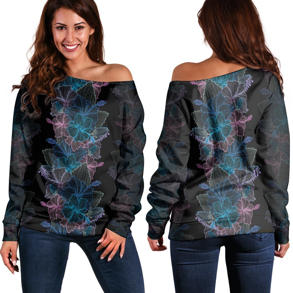 Hawaiian Hibiscus Full Color Polynesian Women's Off Shoulder Sweater - AH Black - Polynesian Pride