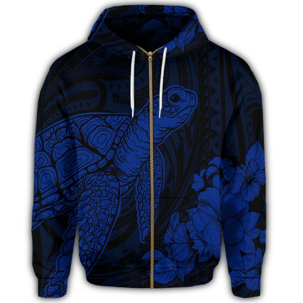 Hawaiian Hibiscus Memory Turtle Polynesian Zip Hoodie Blue - Polynesian Pride