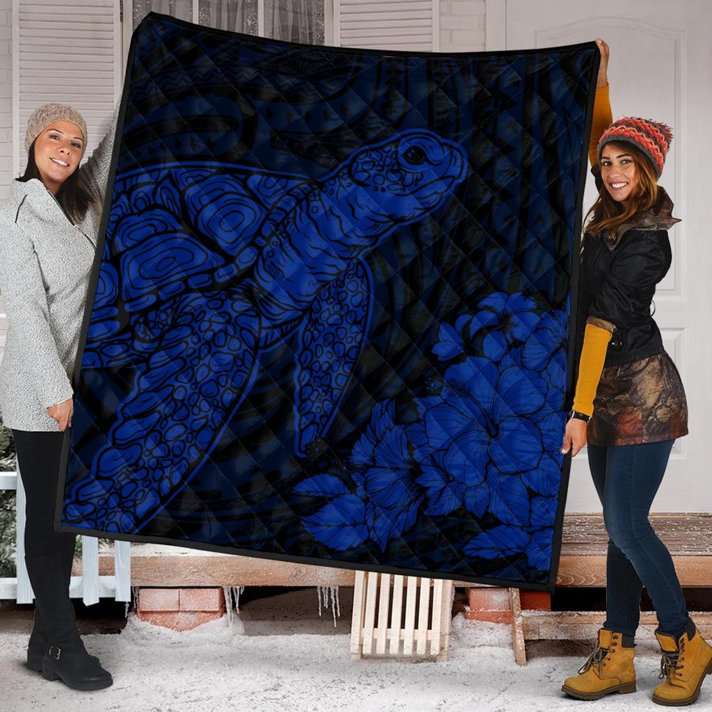 Hawaiian Hibiscus Memory Turtle Polynesian Premium Quilts Blue - AH - Polynesian Pride