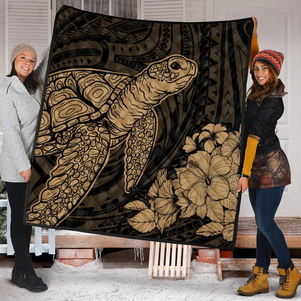 Hawaiian Hibiscus Memory Turtle Polynesian Premium Quilts Gold - AH - Polynesian Pride