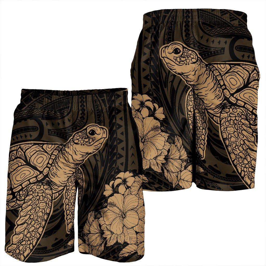 Hawaiian Hibiscus Memory Turtle Polynesian Men's Shorts Gold - AH - Polynesian Pride
