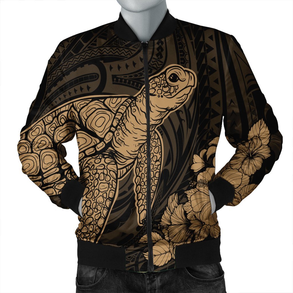 Hawaiian Hibiscus Memory Turtle Polynesian Bomber Jacket Gold - AH Black Unisex - Polynesian Pride