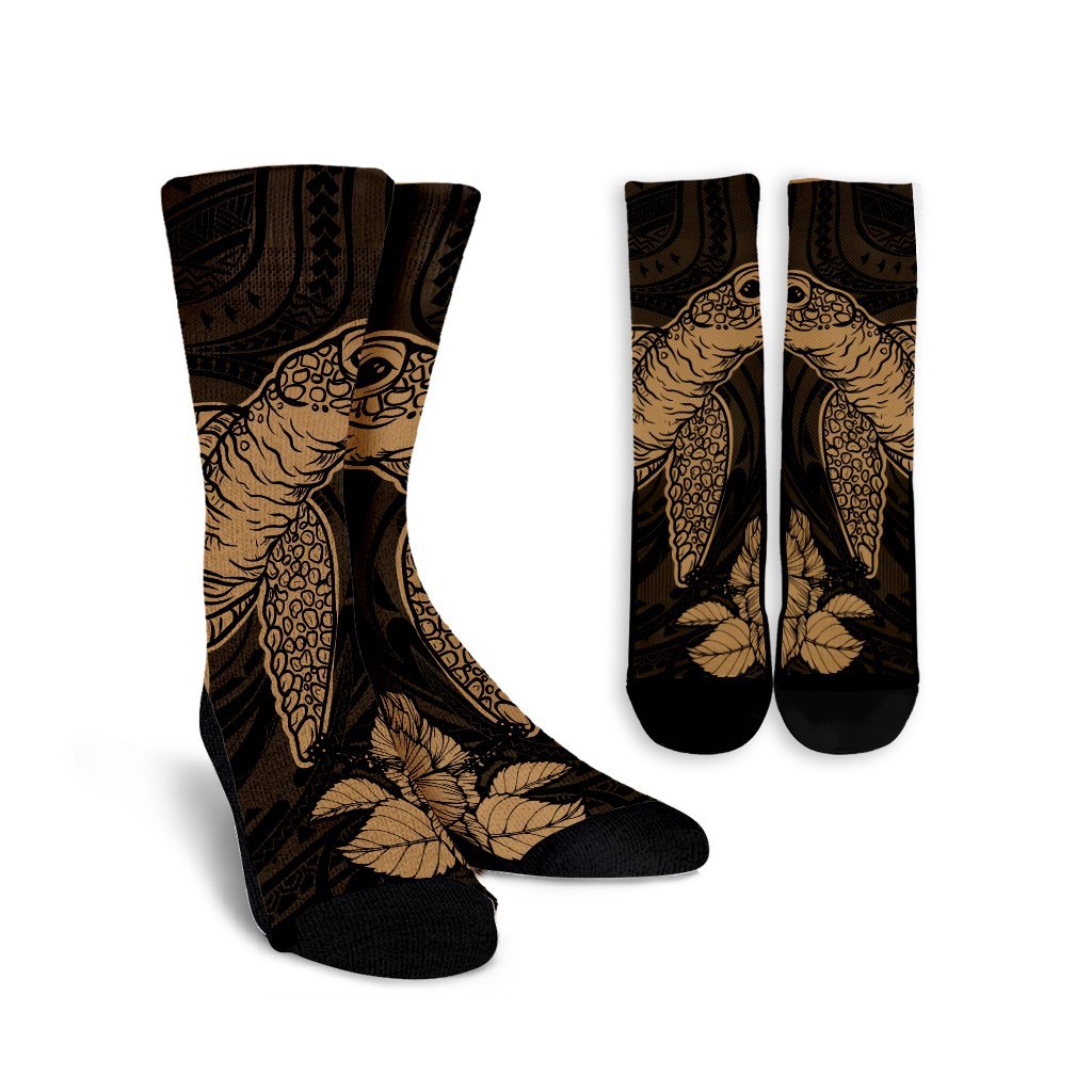 Hawaiian Hibiscus Memory Turtle Polynesian Crew Socks Gold - AH Crew Socks White - Polynesian Pride