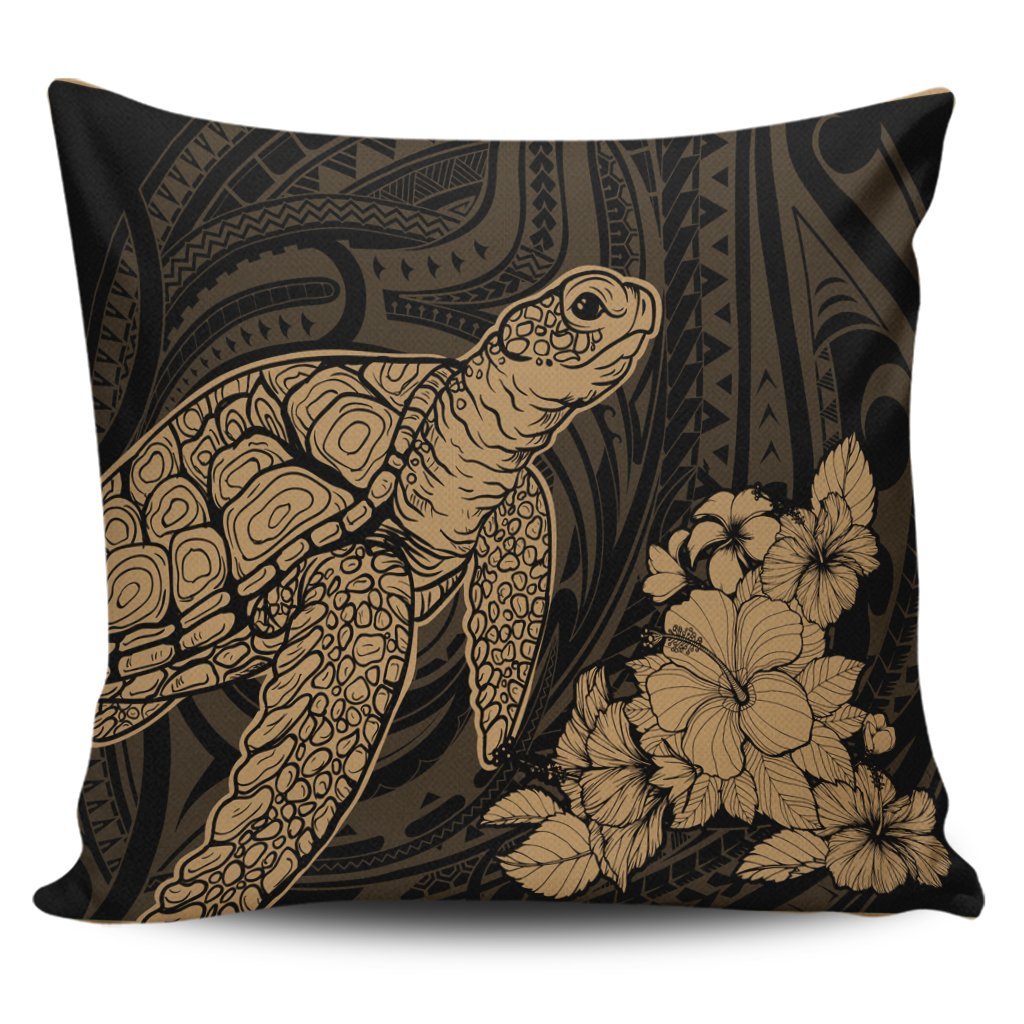 Hawaiian Hibiscus Memory Turtle Polynesian Pillow Covers Gold - AH Pillow Covers Black - Polynesian Pride