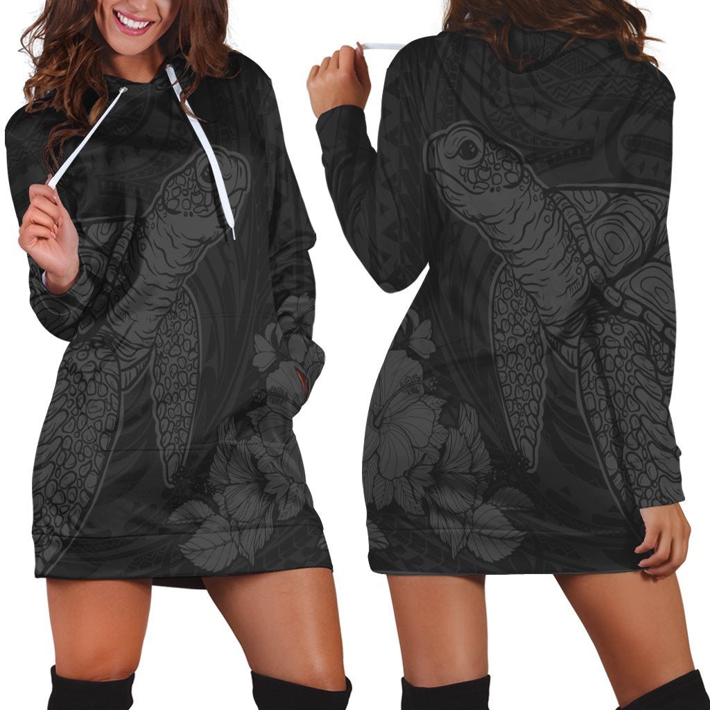 Hawaiian Hibiscus Memory Turtle Polynesian Hoodie Dress Gray - AH Black - Polynesian Pride