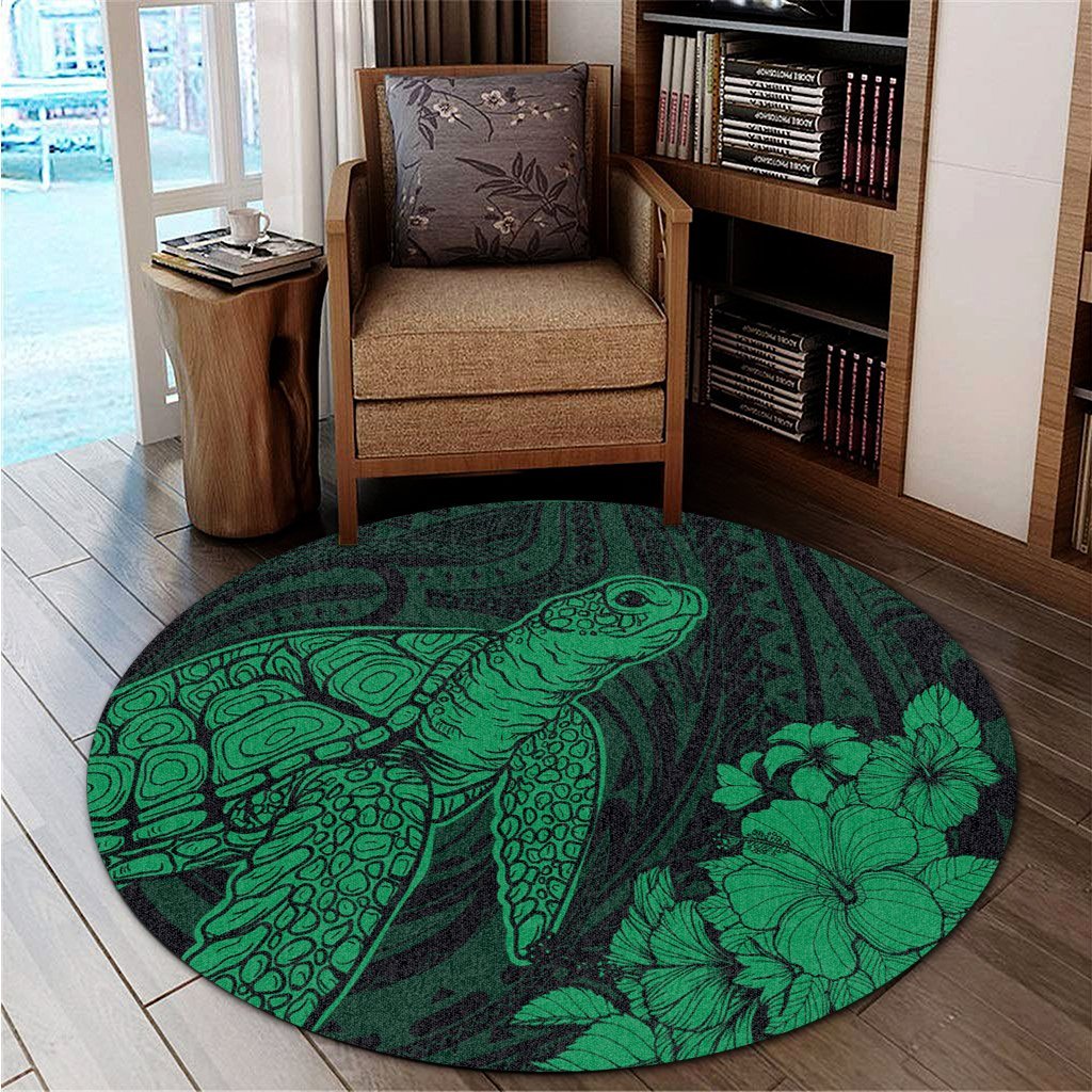 Hawaiian Hibiscus Memory Turtle Polynesian Round Carpet Green - AH - Polynesian Pride