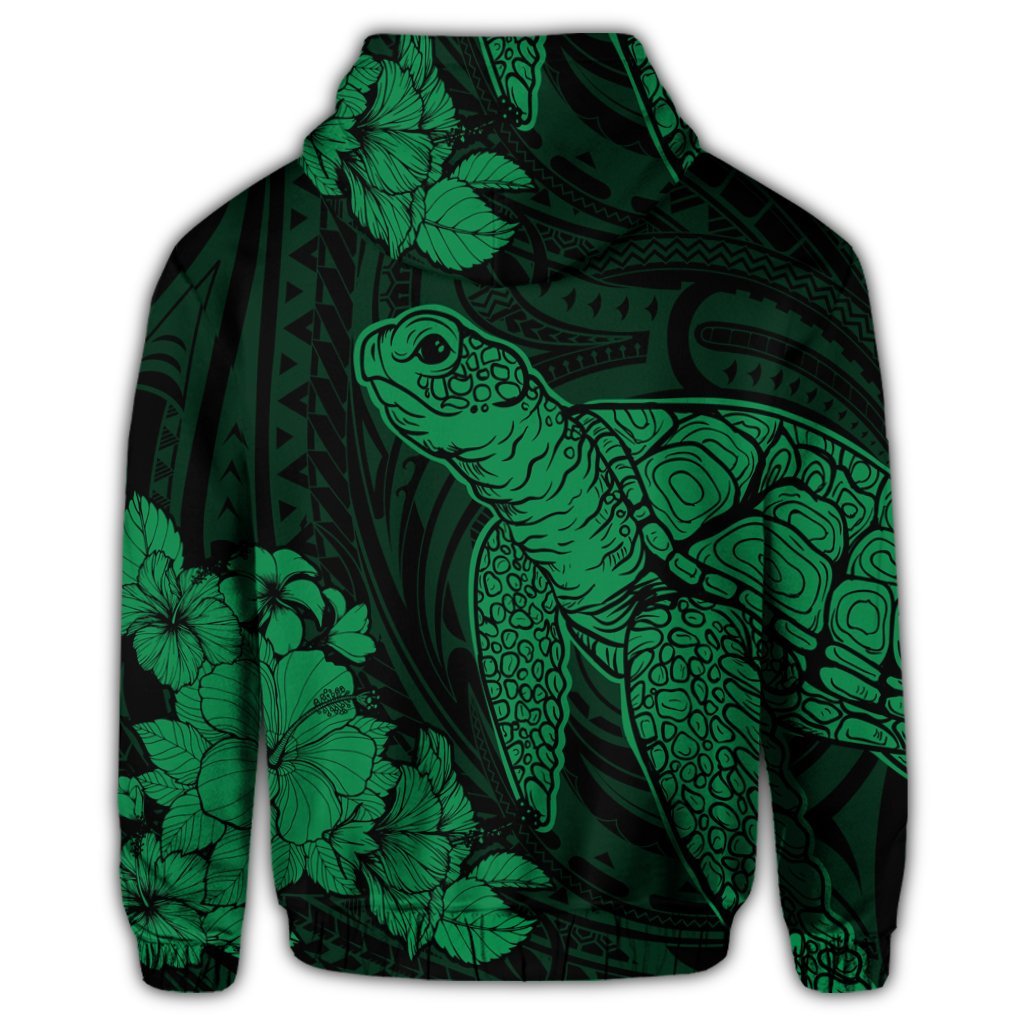 Hawaiian Hibiscus Memory Turtle Polynesian Zip Hoodie Green - Polynesian Pride