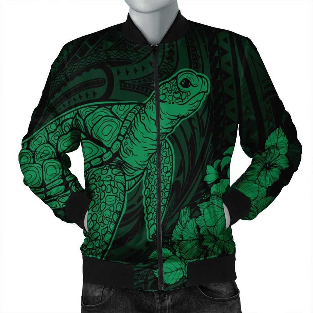 Hawaiian Hibiscus Memory Turtle Polynesian Bomber Jacket Green - AH Black Unisex - Polynesian Pride