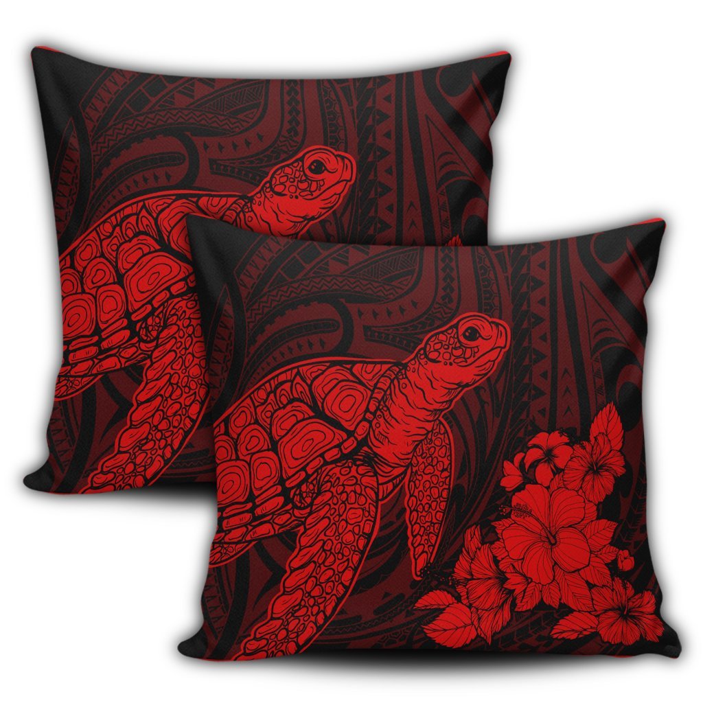 Hawaiian Hibiscus Memory Turtle Polynesian Pillow Covers Red - AH - Polynesian Pride
