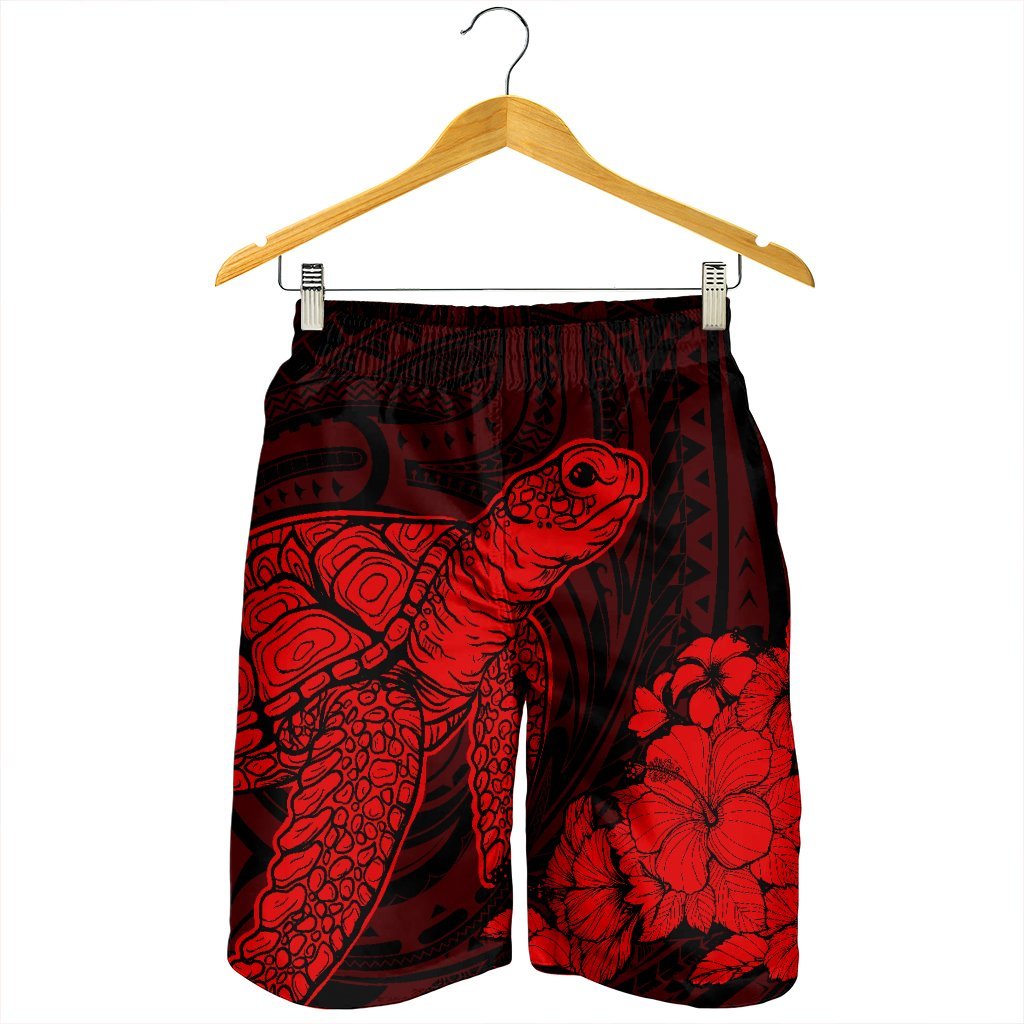 Hawaiian Hibiscus Memory Turtle Polynesian Men's Shorts Red - AH - Polynesian Pride