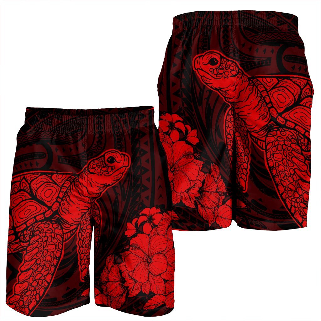 Hawaiian Hibiscus Memory Turtle Polynesian Men's Shorts Red - AH - Polynesian Pride