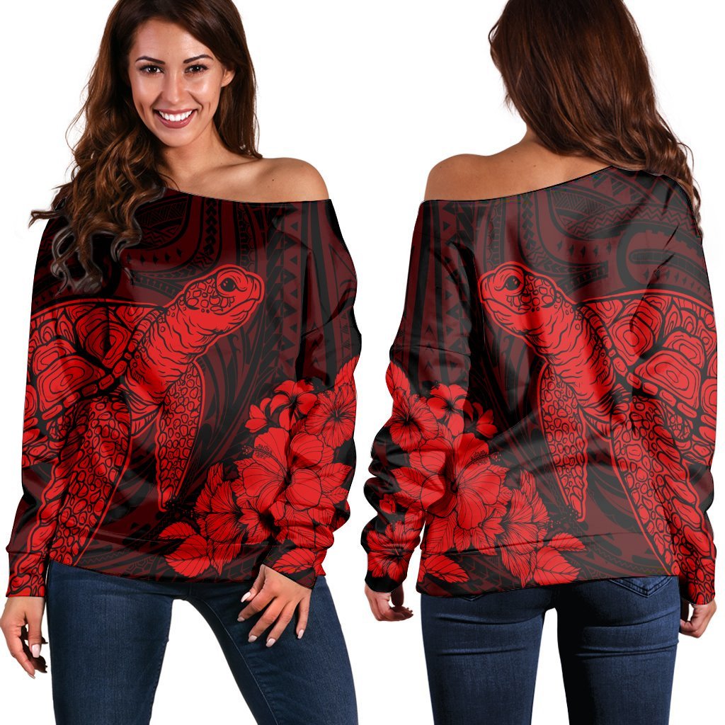 Hawaiian Hibiscus Memory Turtle Polynesian Women's Off Shoulder Sweater Red - AH Black - Polynesian Pride