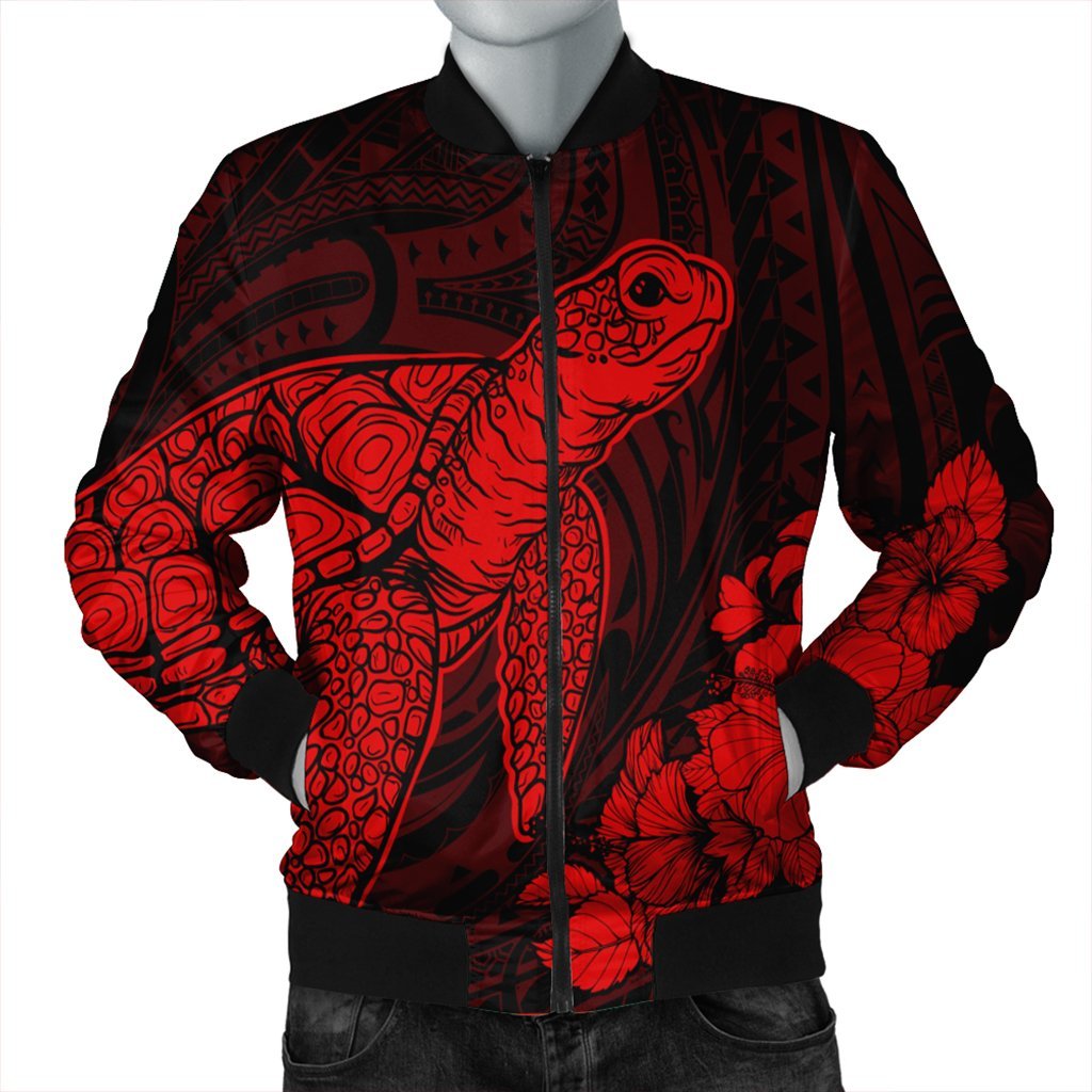 Hawaiian Hibiscus Memory Turtle Polynesian Bomber Jacket Red - AH Black Unisex - Polynesian Pride