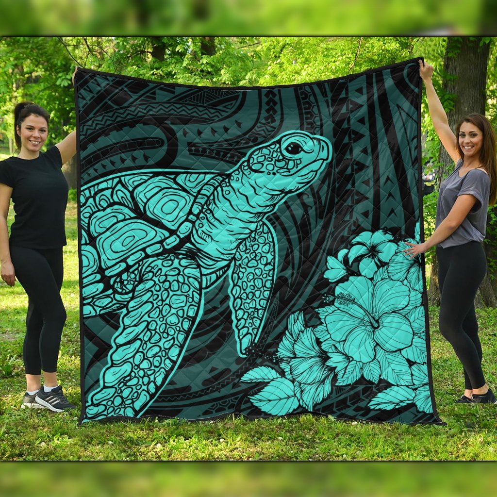 Hawaiian Hibiscus Memory Turtle Polynesian Premium Quilts Turquoise - AH Black - Polynesian Pride