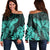 Hawaiian Hibiscus Memory Turtle Polynesian Women's Off Shoulder Sweater Turquoise - AH Black - Polynesian Pride