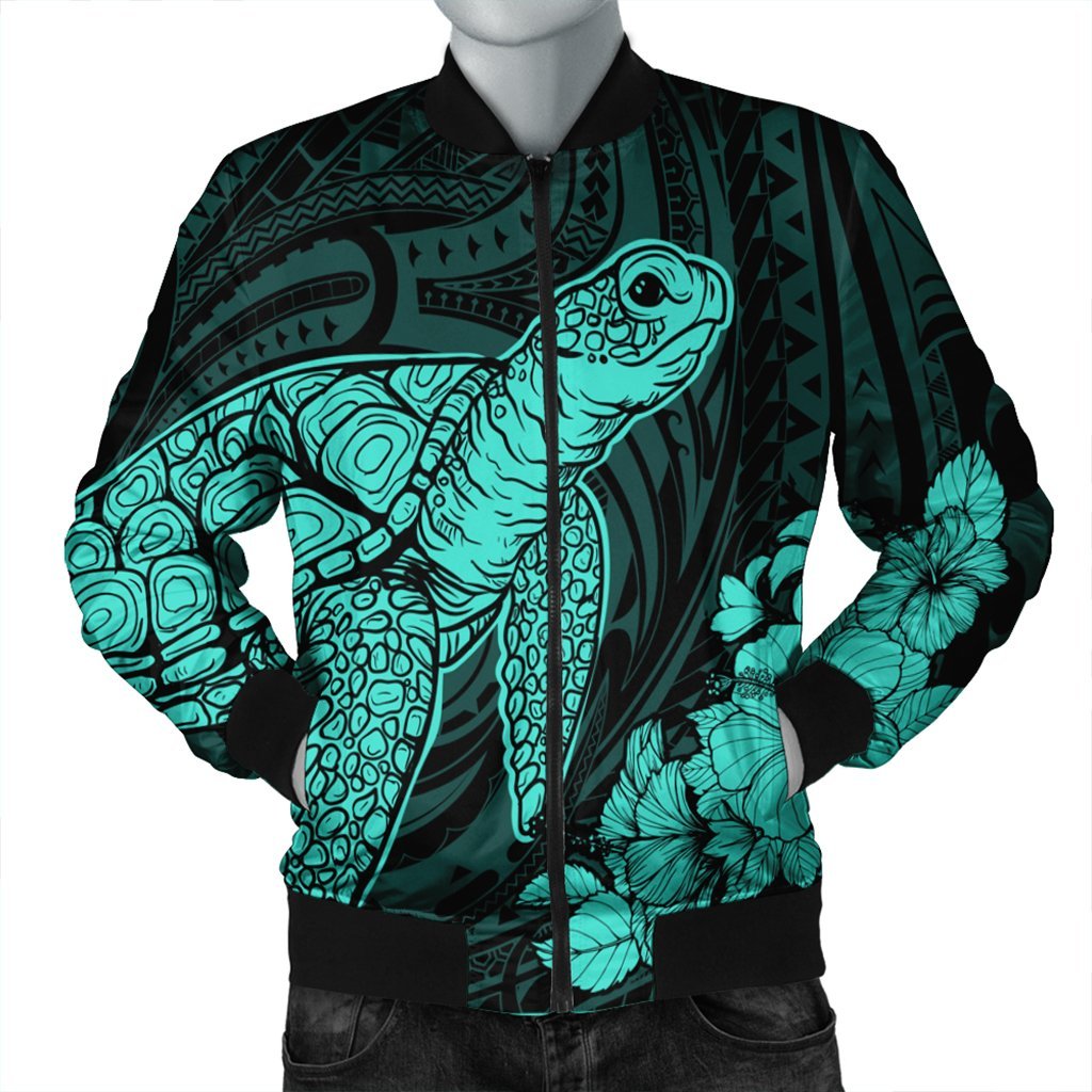 Hawaiian Hibiscus Memory Turtle Polynesian Bomber Jacket Turquoise - AH Black Unisex - Polynesian Pride