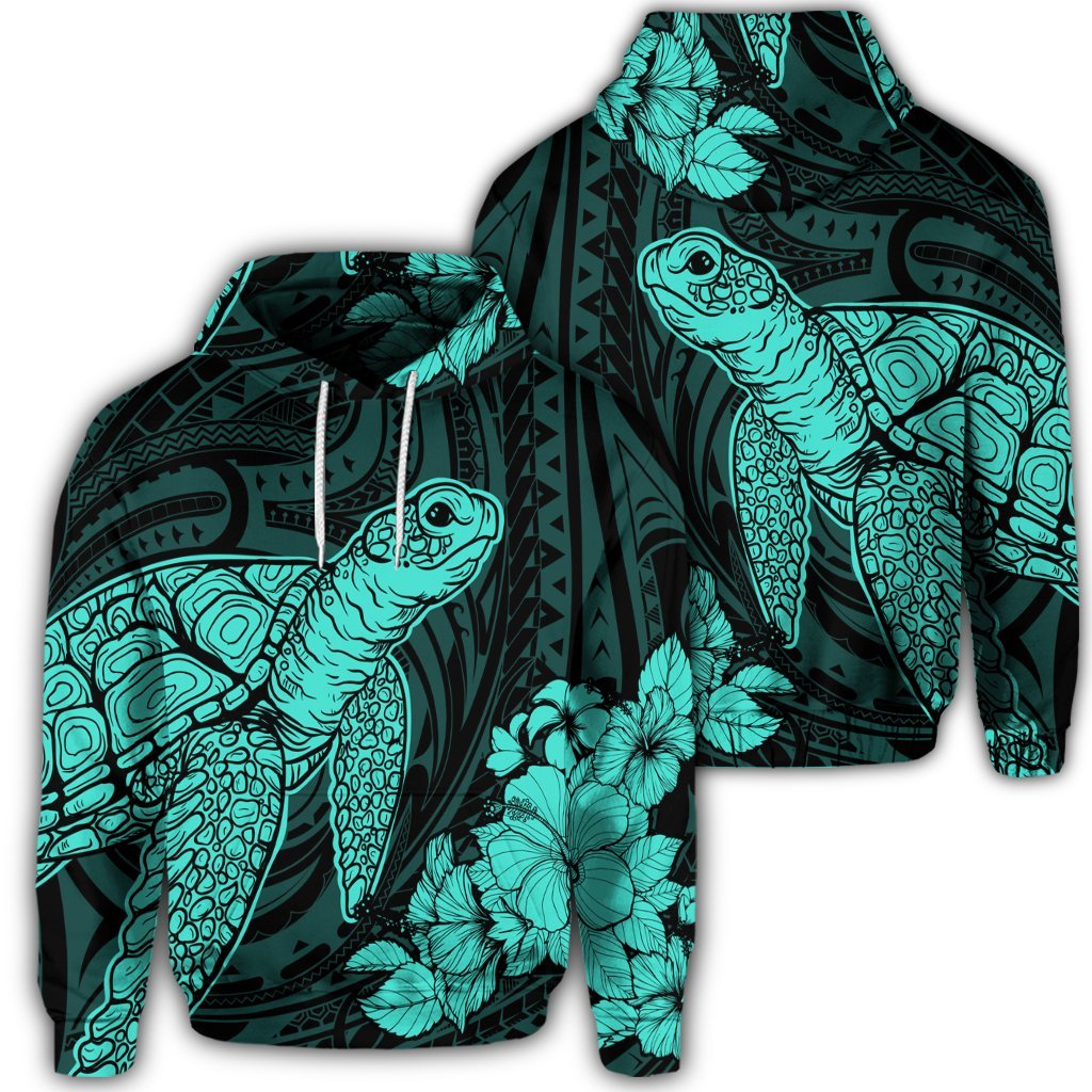 Hawaiian Hibiscus Memory Turtle Polynesian Hoodie Turquoise Unisex Art - Polynesian Pride