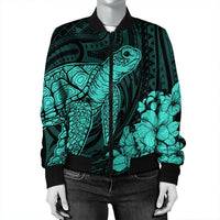 Hawaiian Hibiscus Memory Turtle Polynesian Bomber Jacket Turquoise - AH - Polynesian Pride