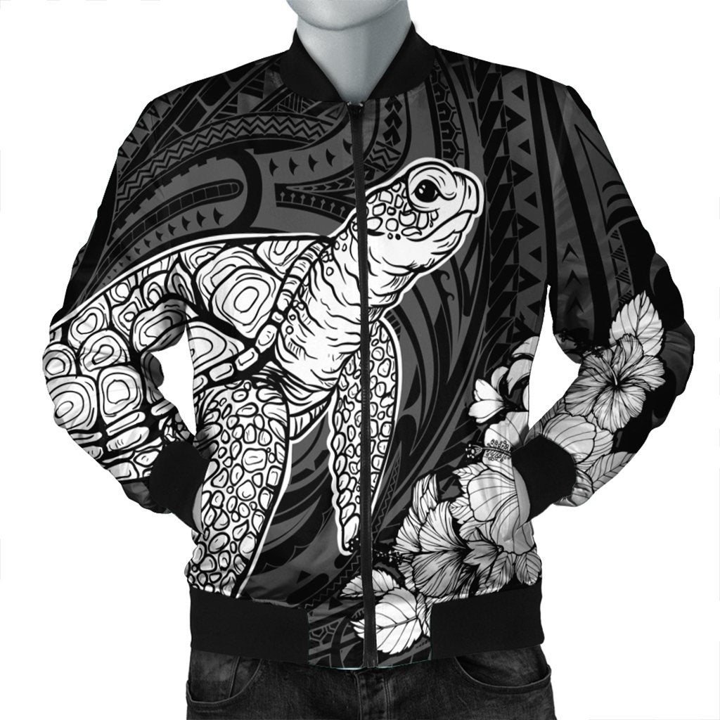 Hawaiian Hibiscus Memory Turtle Polynesian Bomber Jacket White - AH Black Unisex - Polynesian Pride