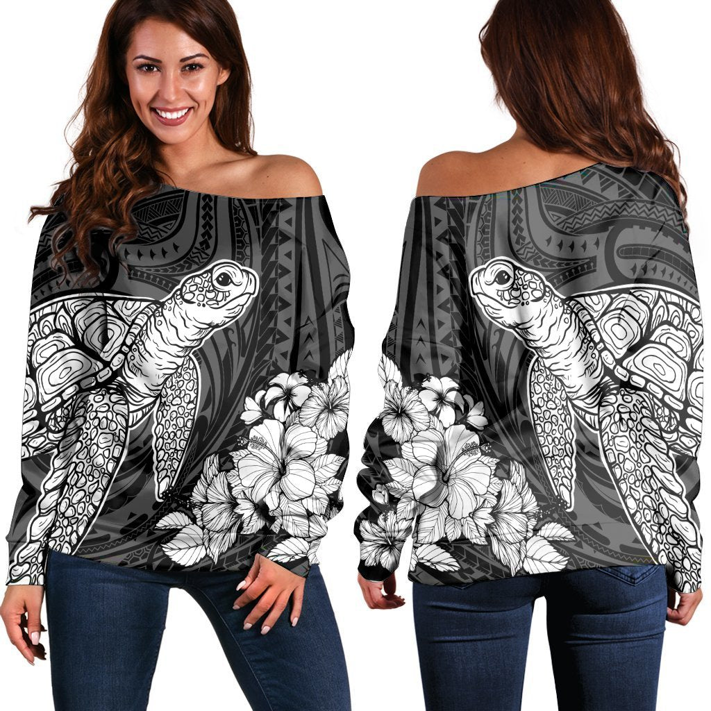 Hawaiian Hibiscus Memory Turtle Polynesian Women's Off Shoulder Sweater White - AH Black - Polynesian Pride