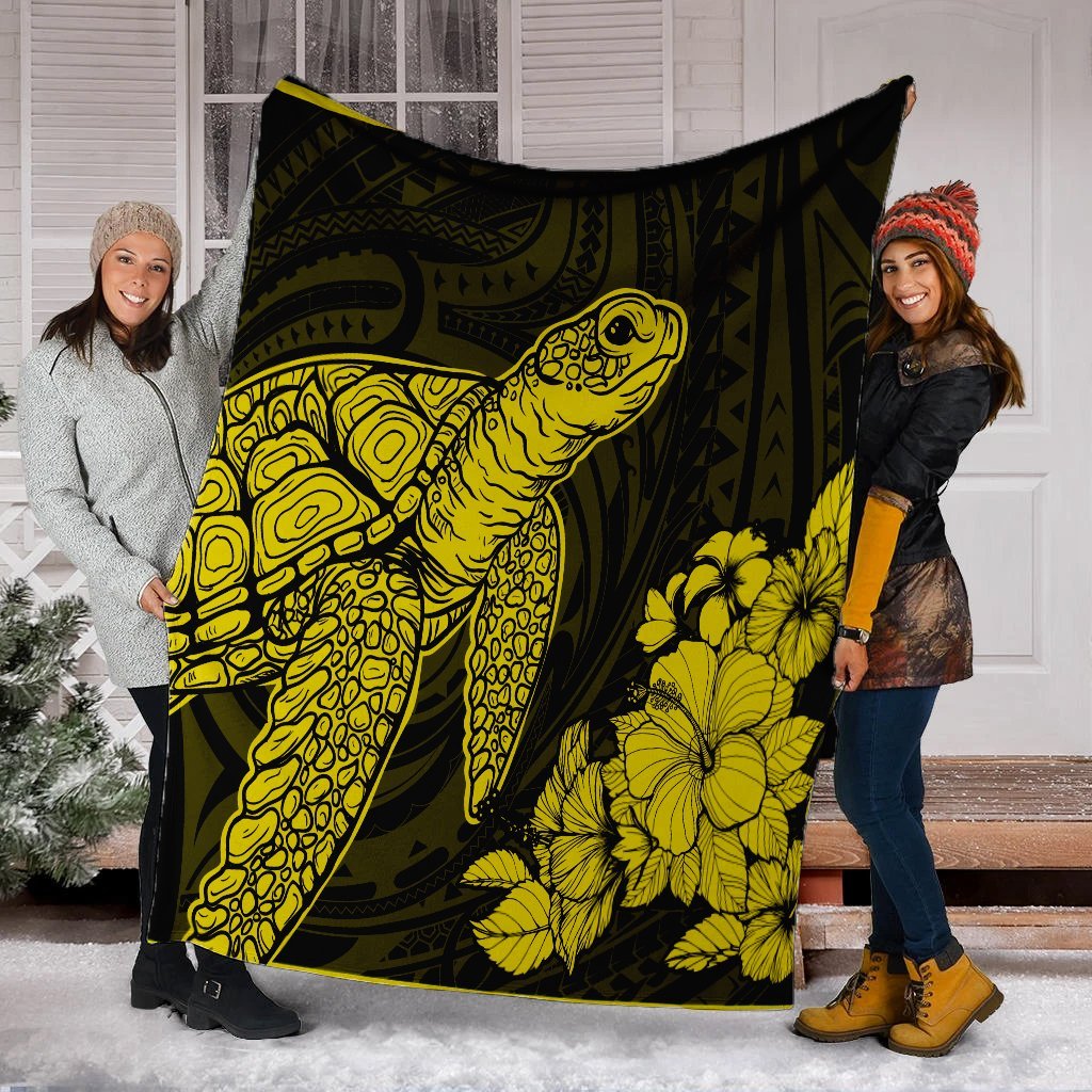 Hawaiian Hibiscus Memory Turtle Polynesian Premium Blankets Yellow - AH - Polynesian Pride